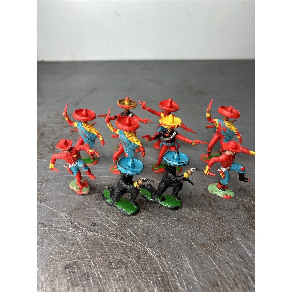 Lot Of 10 Vintage Crescent Toys 60mm Plastic Mexican Figures Banditos Painted